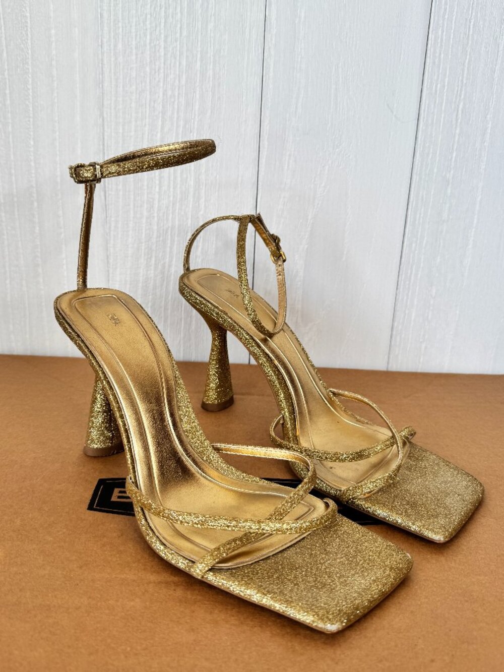 Zara Gold Glitter Strappy Sculptural Heel Sandals Size 11 EU 41